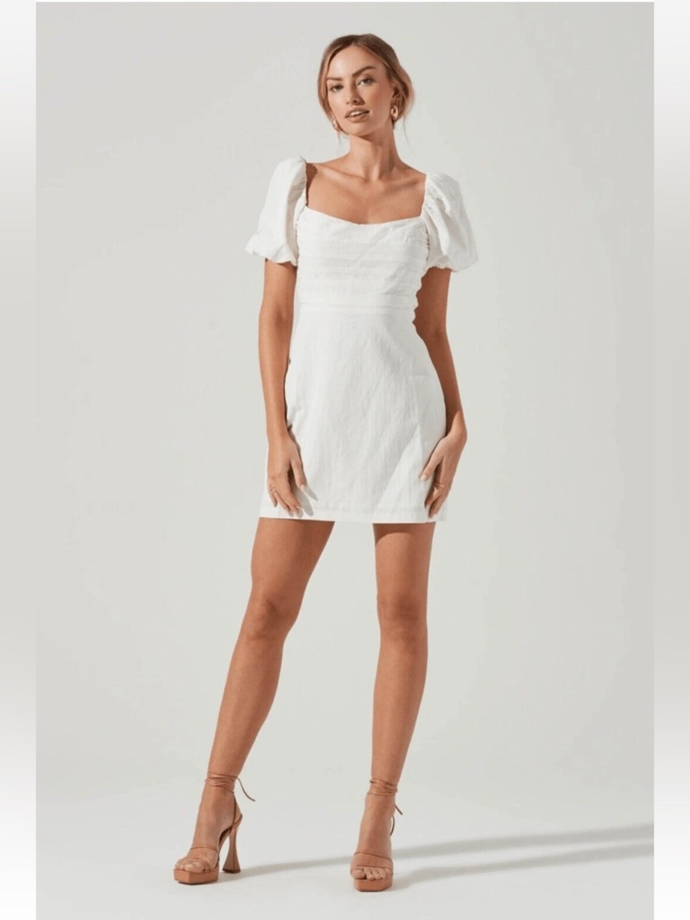 ASTR The LABEL Linen Pleat Front Puff Sleeve Mini Dress White M NWT